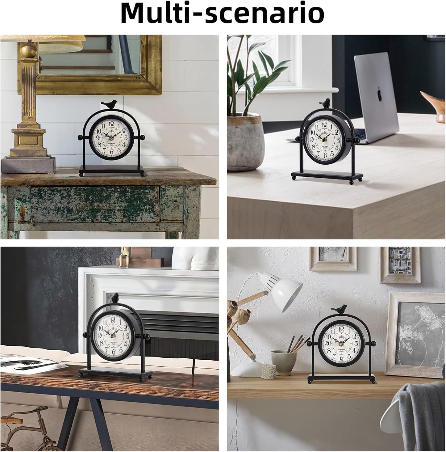 Vintage Farmhouse Table Clock with Bird Topper, Silent Non-Ticking Mantel Clock with Closable Back Cover, Black Iron