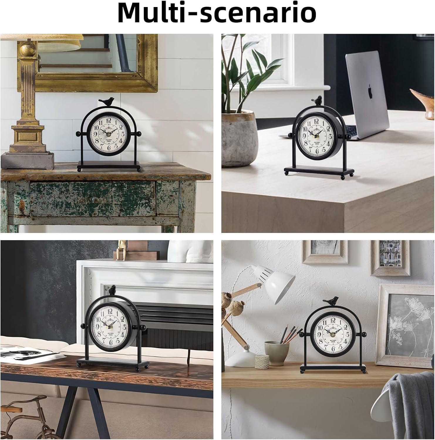 Vintage Farmhouse Table Clock with Bird Topper, Silent Non-Ticking Mantel Clock with Closable Back Cover, Black Iron