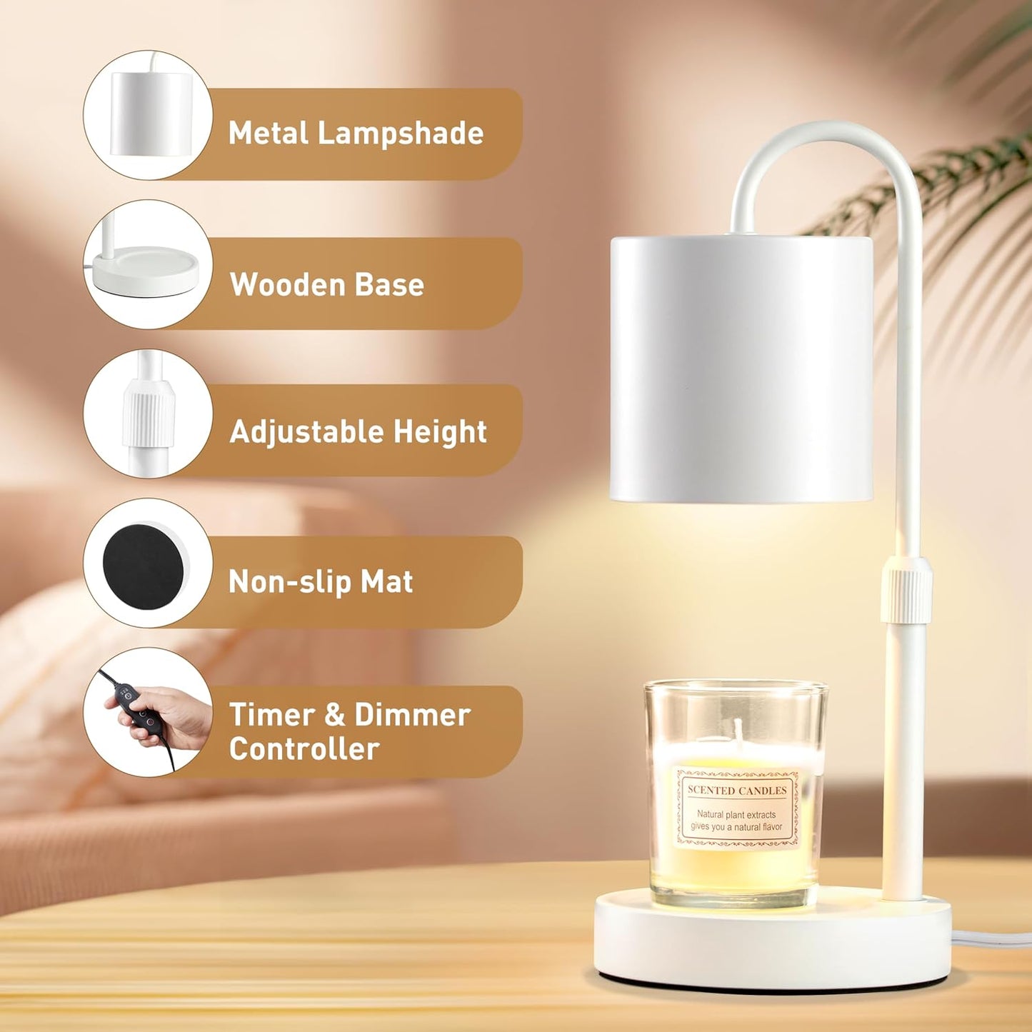Dimmable Candle Warmer Lamp with Timer, Height Adjustable Electric Candle Wax Warmer, Christmas Birthday Gifts for
