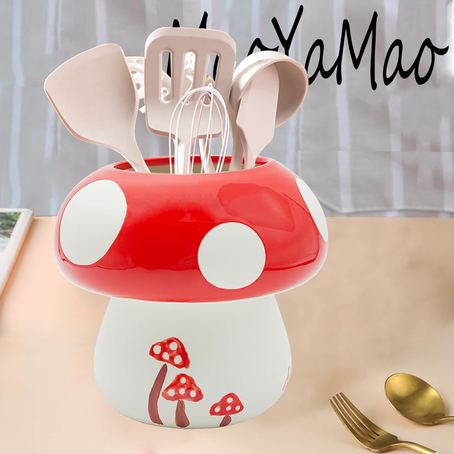 Mushroom Kitchen Utensil Holder for Countertop Mushroom Decor Ceramic Cooking Utensil Crock Large