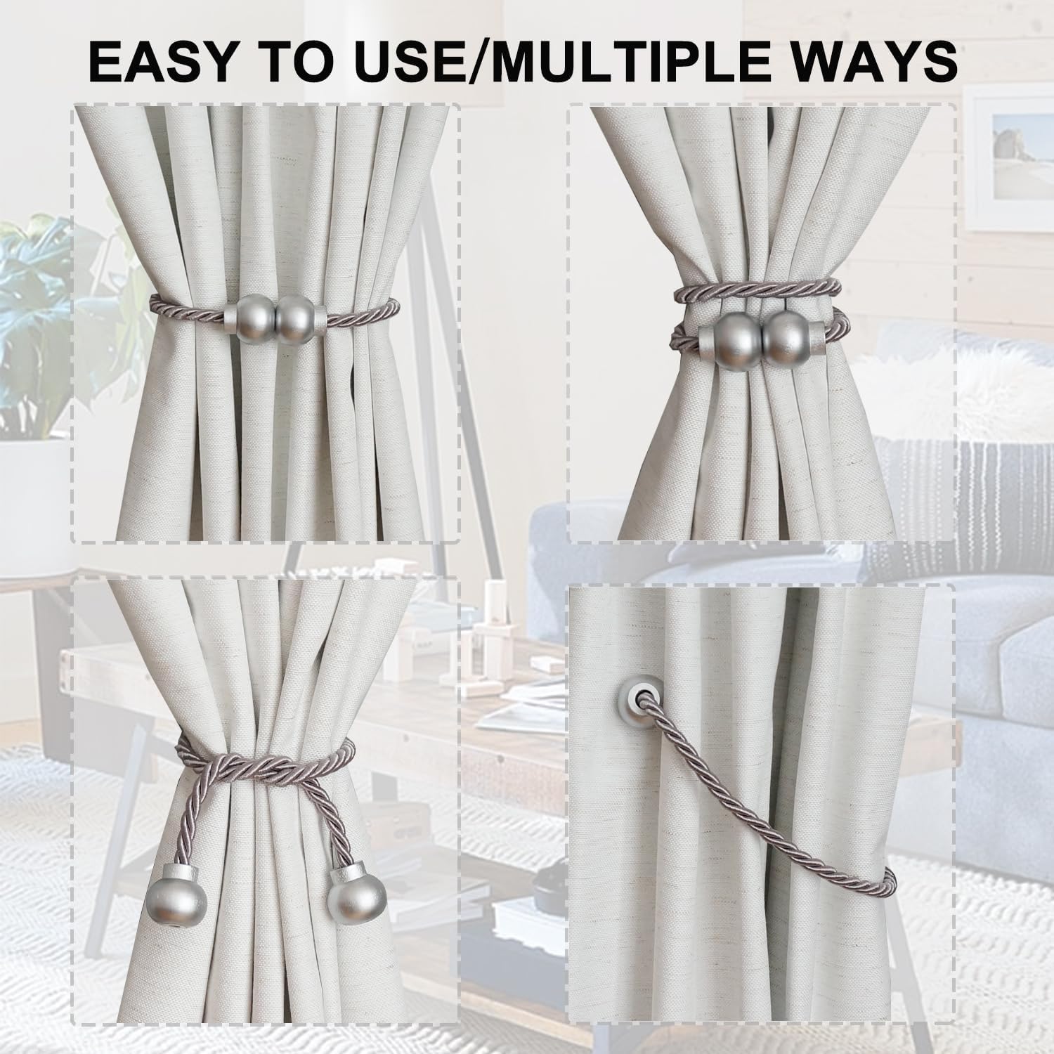6Pcs Magnetic Curtain Tiebacks Modern Handmade Rope Curtain Tie Backs Grey | Decorative Drapes Weave Holdbacks for Home