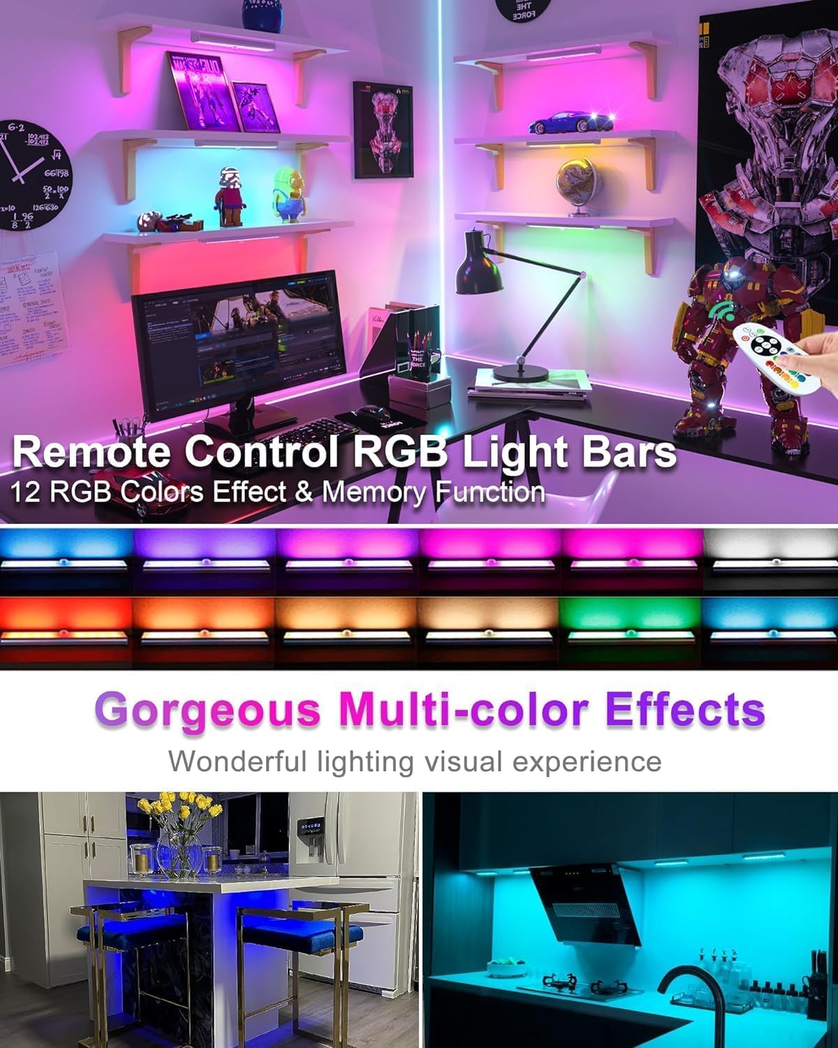 Under Cabinet Lights Wireless, 58-LED Rechargeable Motion Sensor Closet Lights with Remote Control, RGB Color Changing