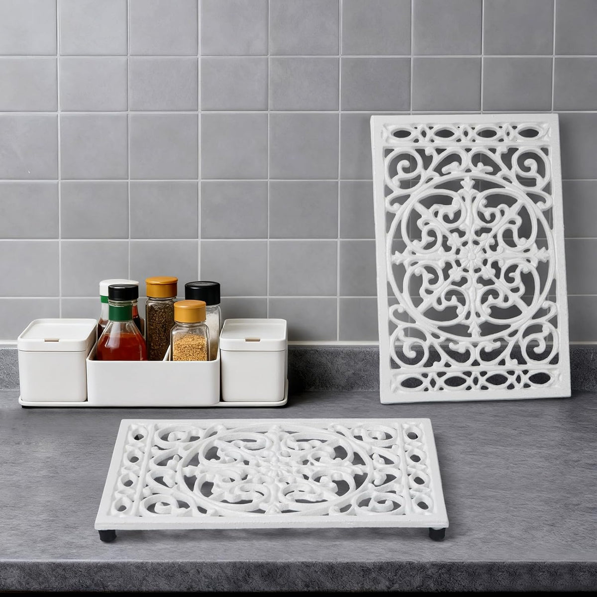 Notakia 9.6 x 6.3 Inch Cast Iron Trivet Set, Large Metal Trivets for Hot Dishes Pots Pans Decorative Kitchen Trivets