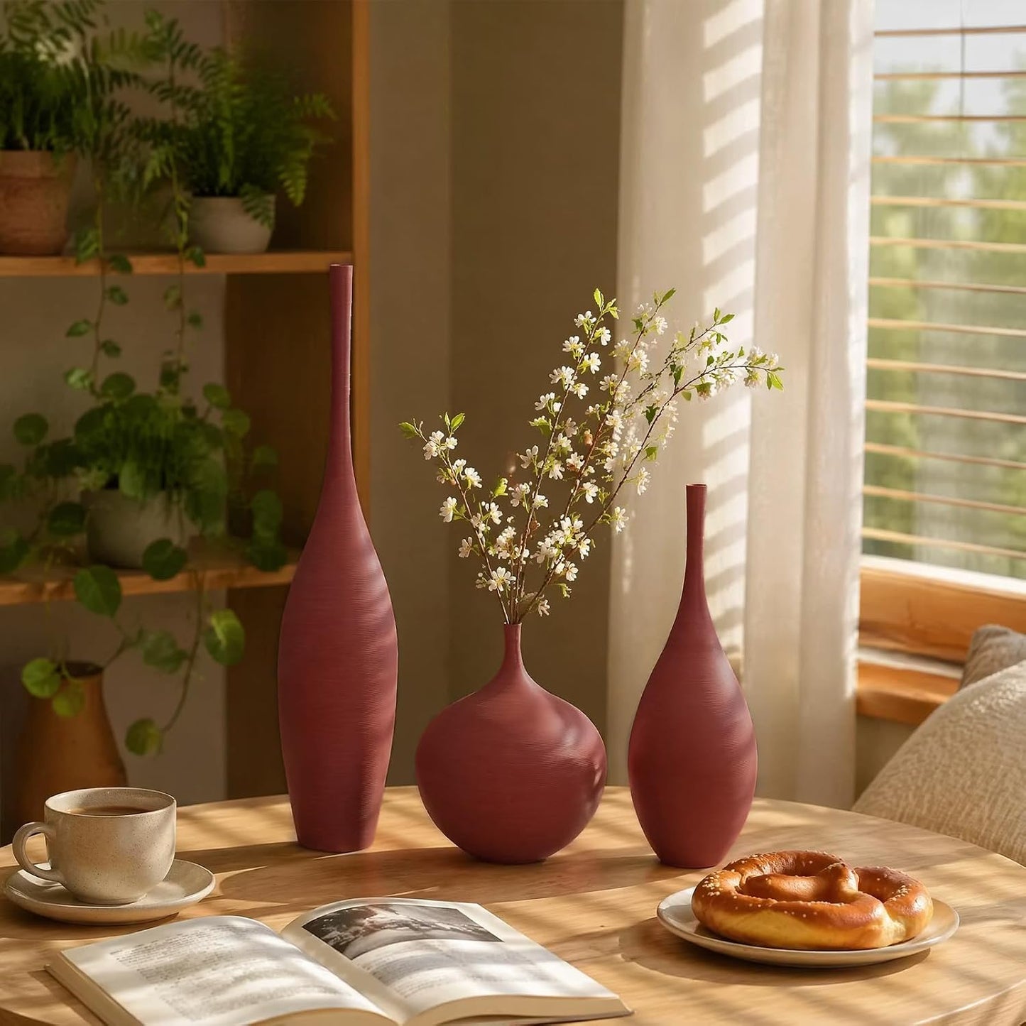 Ceramic Vases / Modern Boho Vases for Centerpiece Decor / Burgundy / Set of 3