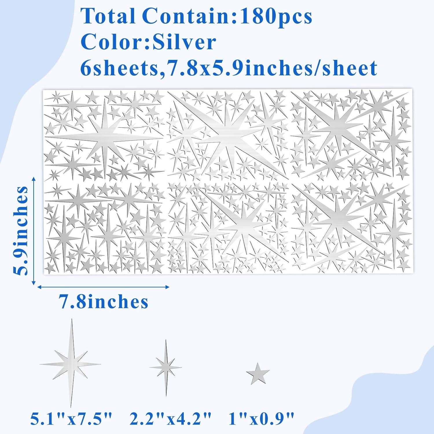 Retro Starburst Mirror Wall Decals 3D Acrylic Sparkle Wall Decors Star Walls / Sliver / Silver