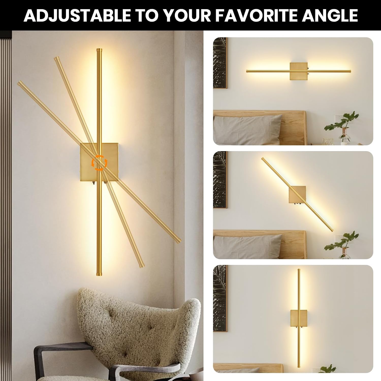 Rechargeable Battery Operated Wall Sconces, 11000mAh Wireless Brushed Gold Wall Lights with Remote Control, 350°Rotate
