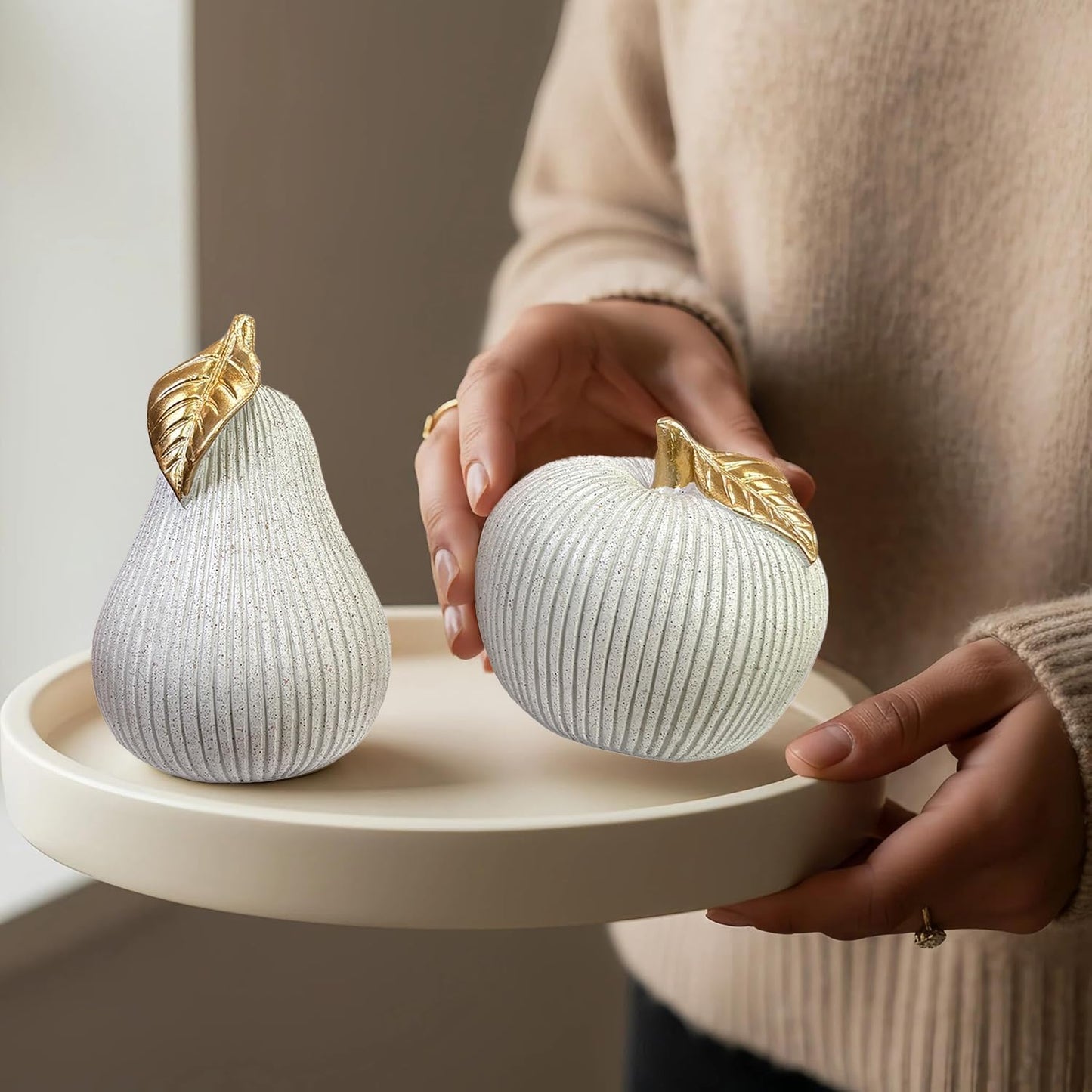 Modern Fruit Sculpture Home Decor / White Apple&pear / Small / Set of 2