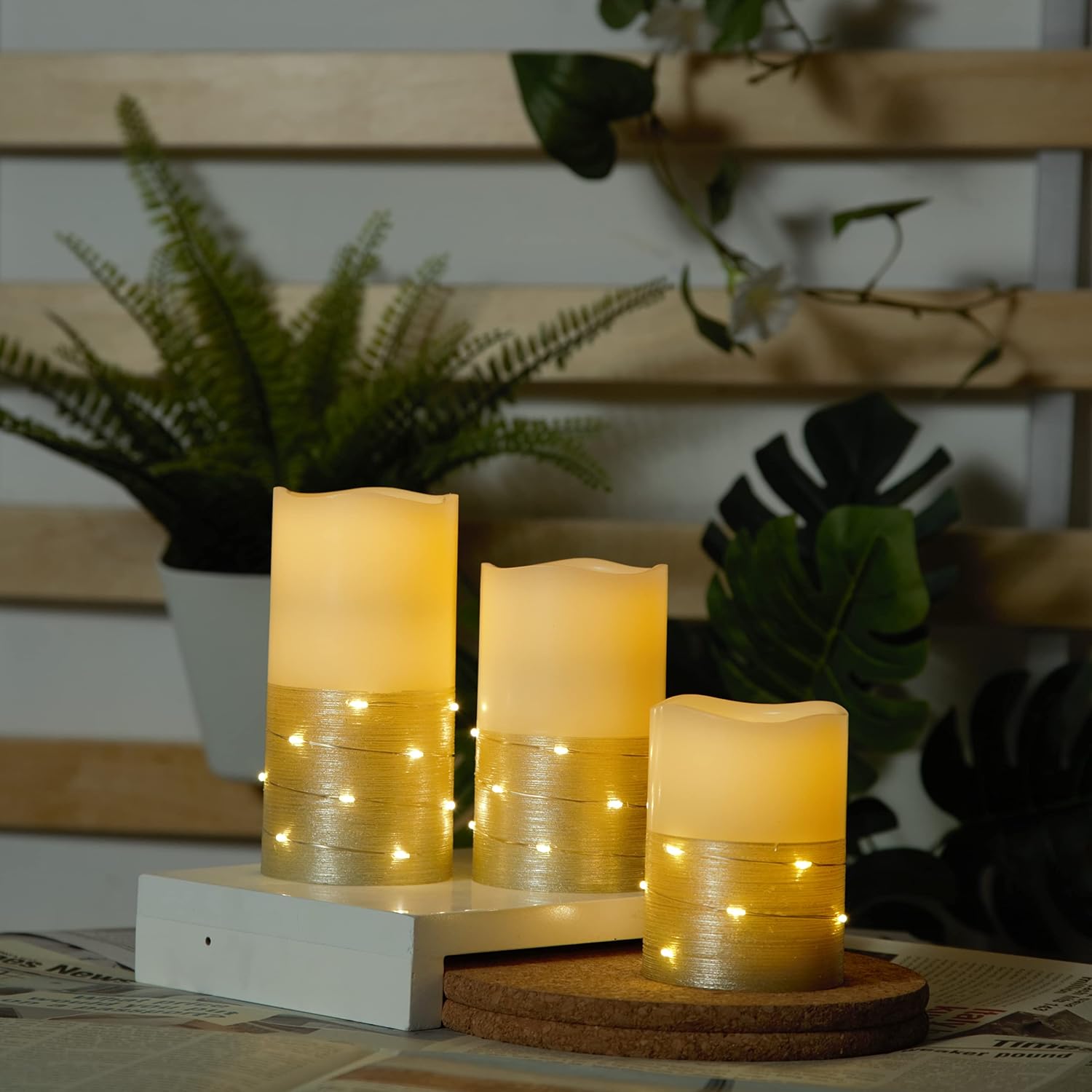 H-BLOSSOM Flickering Flameless Candles Ivory Real Wax Pillar with Embedded String Lights LED Candles Battery Operated