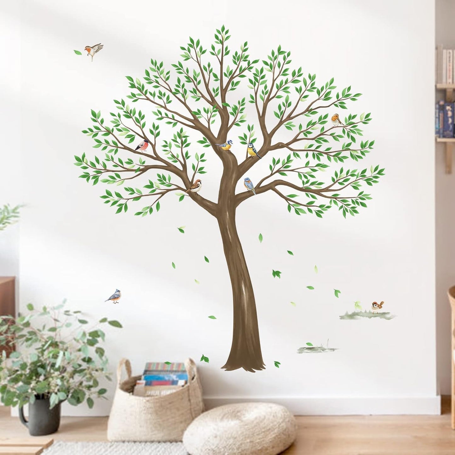 Large Tree Wall Stickers Leaves Birds Peel and Stick Wall Decals / Green