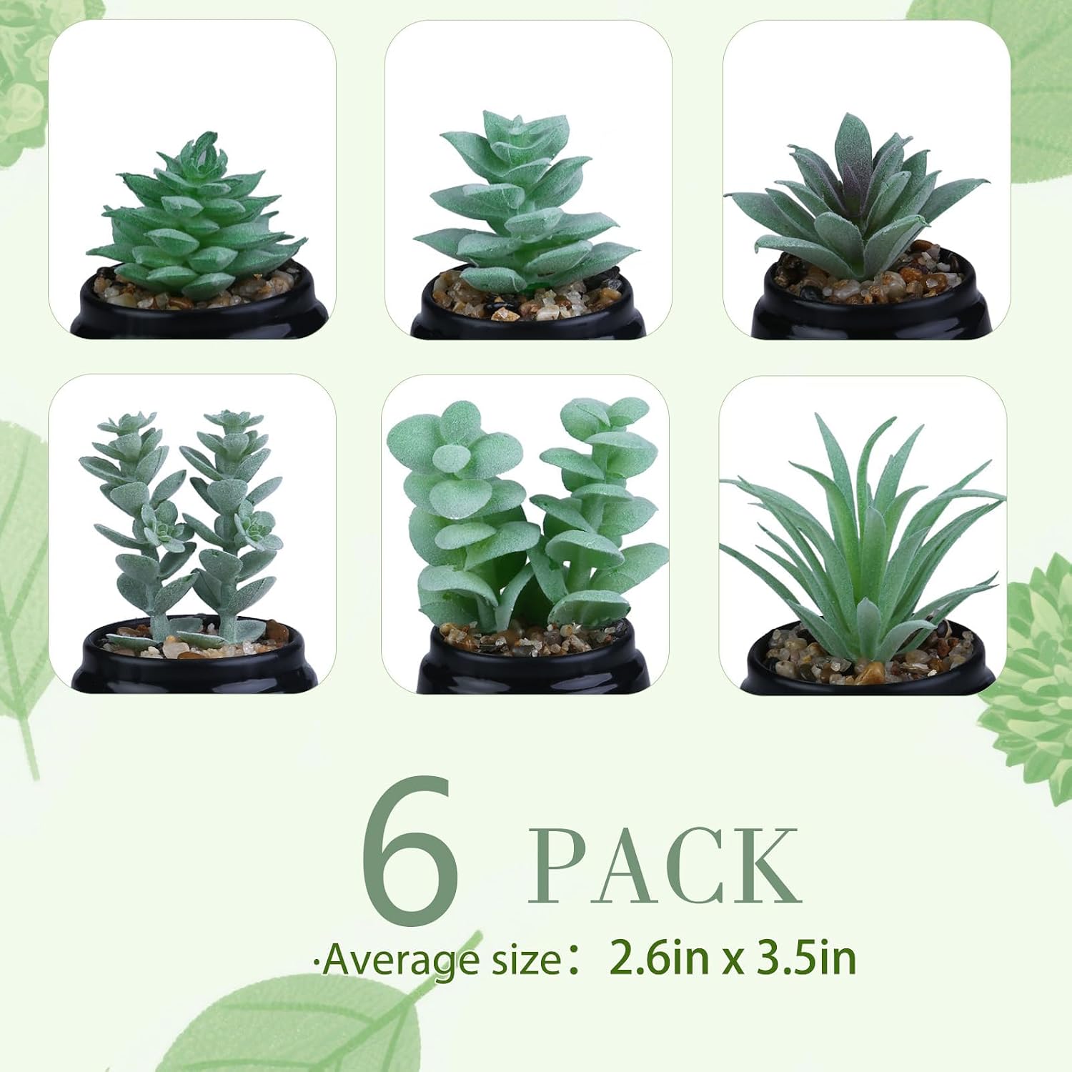 Green Mini Artificial Succulents in Plastic Pots Small Fake / Green-plastic Black Pot / Set of 6