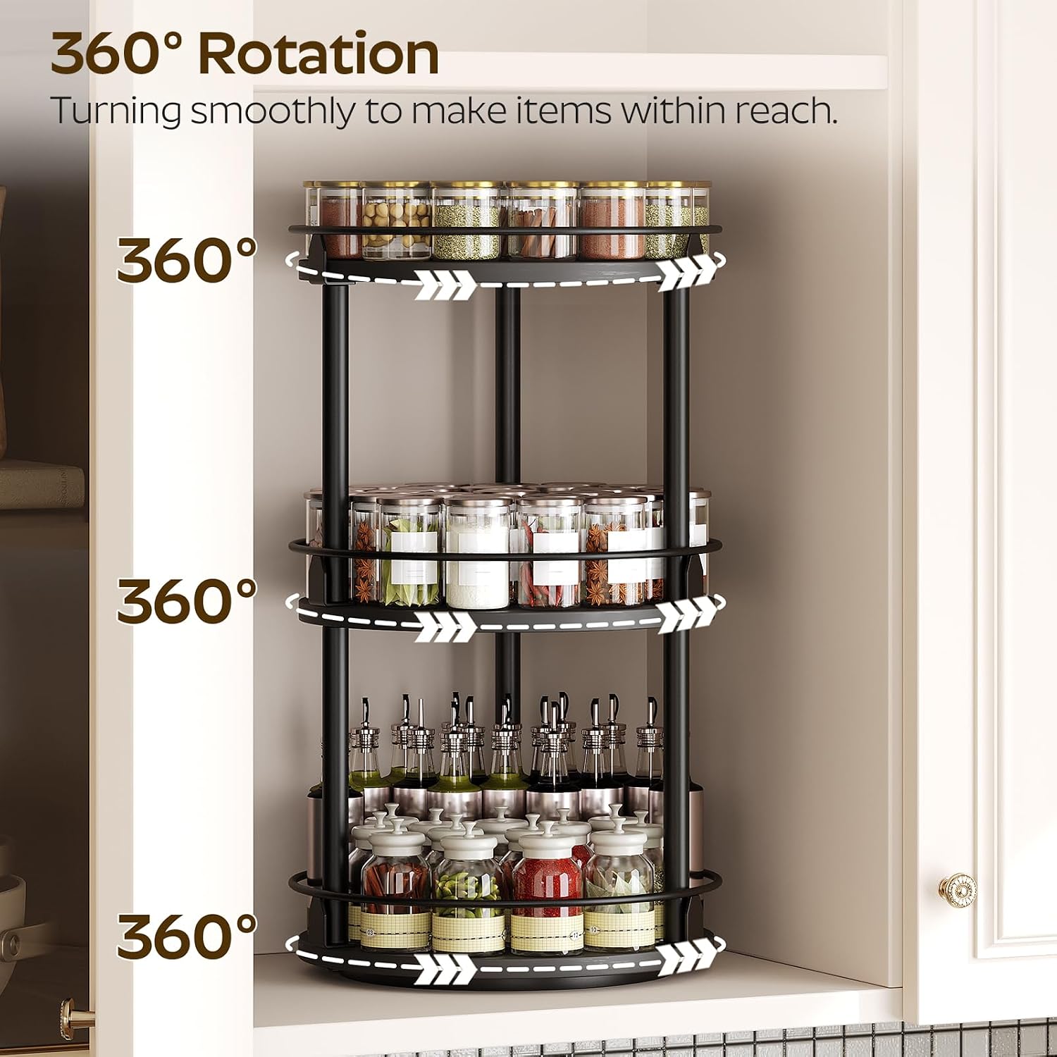 3-Tier Lazy Susan Organizer, Rotating Spice Rack, Spinning Organizer, Industrial Turntable Spice Rack Organizer for