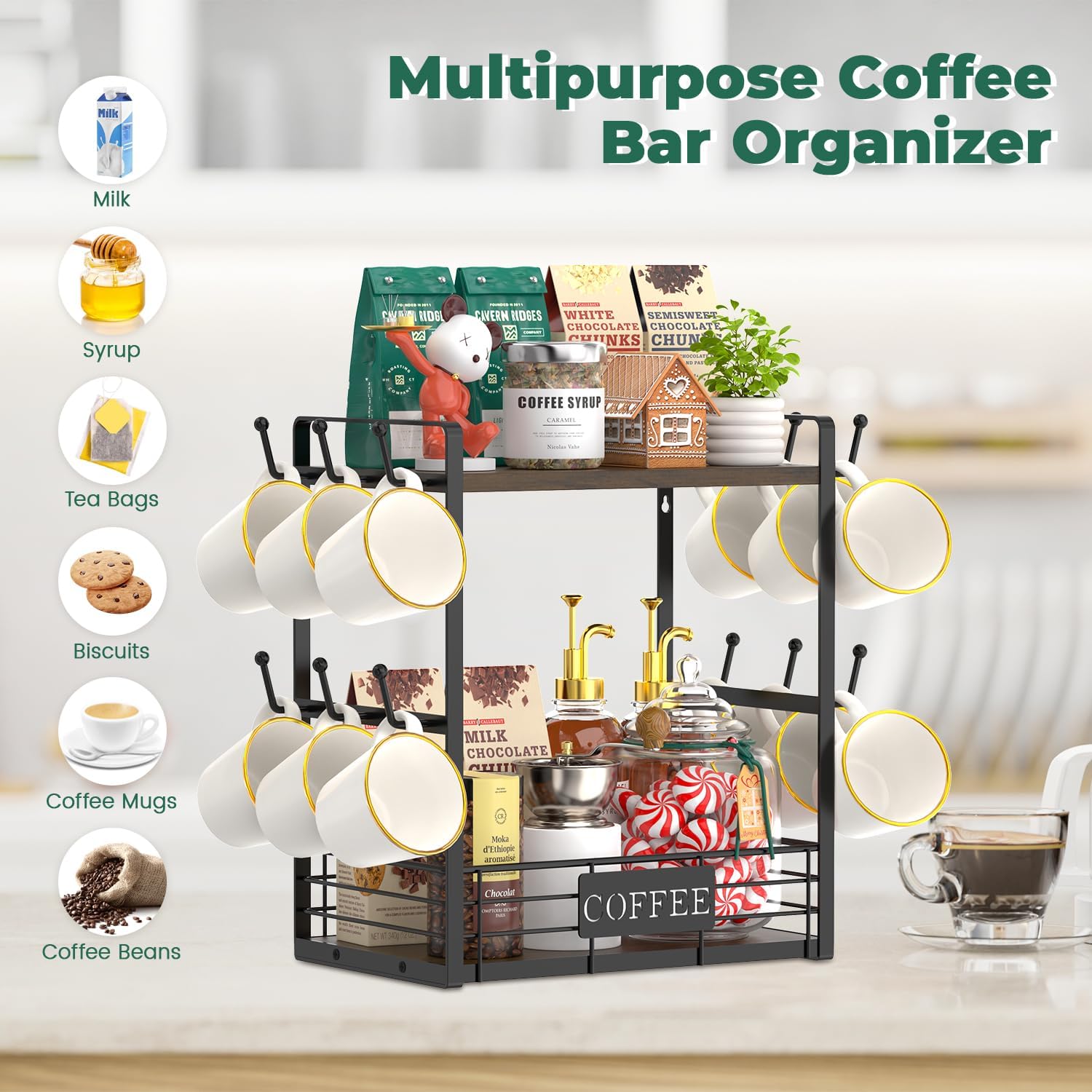 EsLuker.ly Coffee Mug Cup Holder Tree Bar Station Organizer, 2 Tier Brown | Mug Stand Rack for Countertop Kitchen