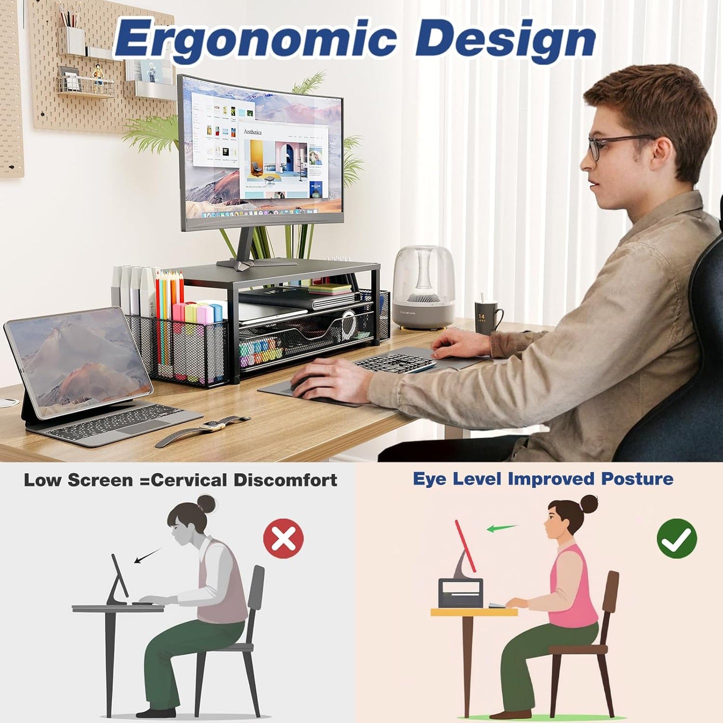 Desk Organizer and Accessories, 2-Tier Computer Monitor Stand Riser with Drawer and 2 Pen Holders, Laptop Stand, Office