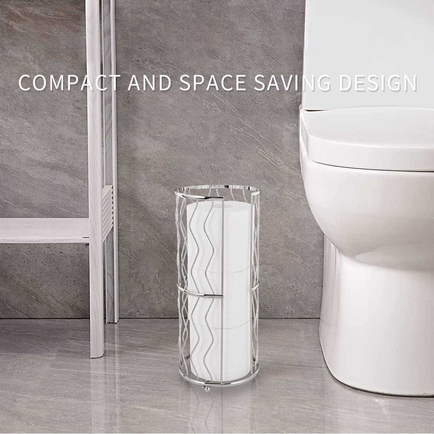 Decorative Metal Standing Toilet Tissue Holder for Bathroom/Powder Room, Compact Tissue Reserve for 3 Jumbo Rolls of