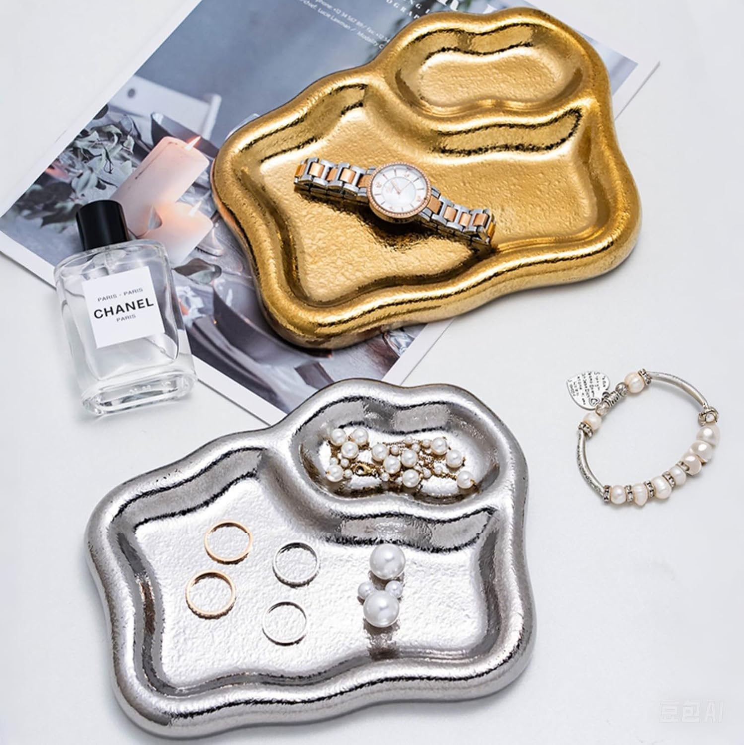 Ceramic Jewelry Tray Dish Large-sized Display Organizer Trinket Watch Keys / Silver