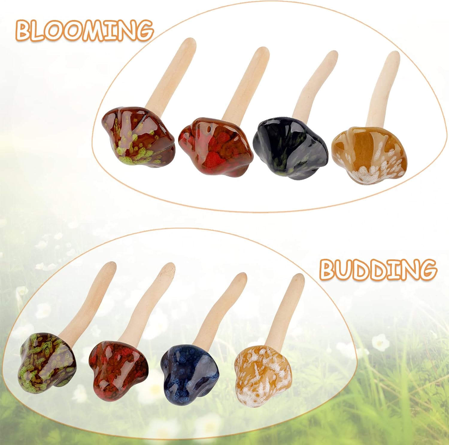 Ceramic Garden Mushrooms Figurine Decorative Plants Stakes Accessories Lawn / Blooming-1 / Set of 8