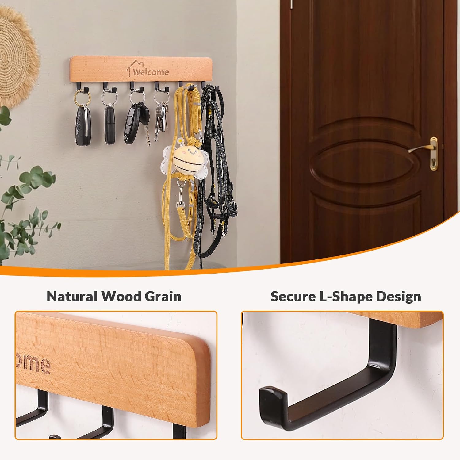 Metal Hooks / Wooden Key Holder / Natural / Set of 2