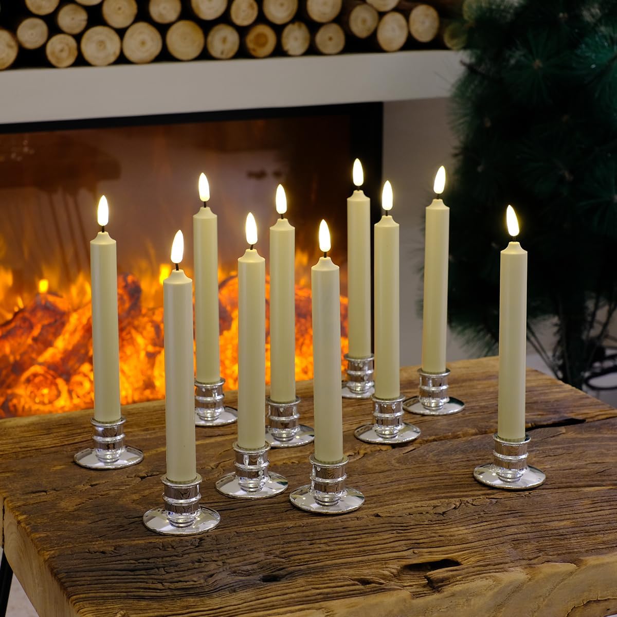 10 Pack Window Candles + 20 AA Batteries(Include, Run More Than 400 Hours) + Silver Candleholders + Suction Cups, 8''