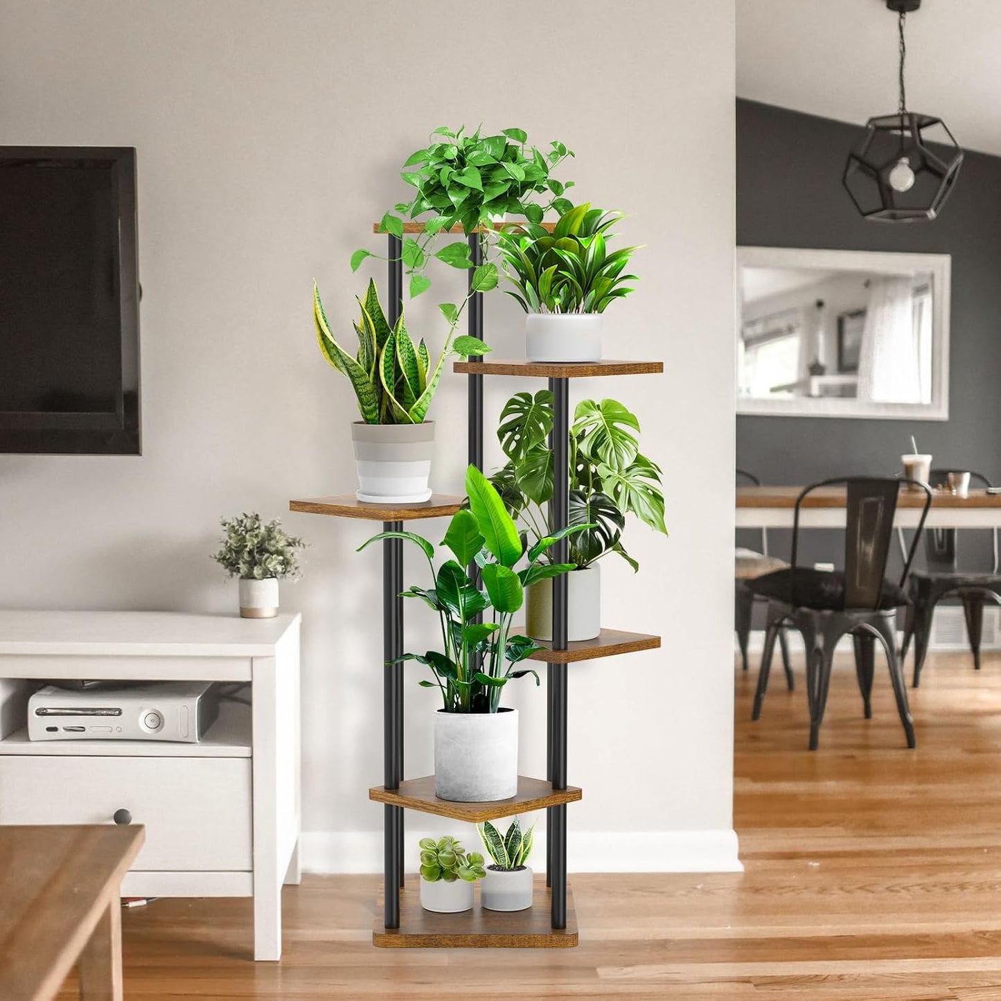 6 Tier Plant Stand Indoor, Thickened Metal Wood Corner Plant Shelf Stands for Multiple Plants, Indoor Tall Plants Stand