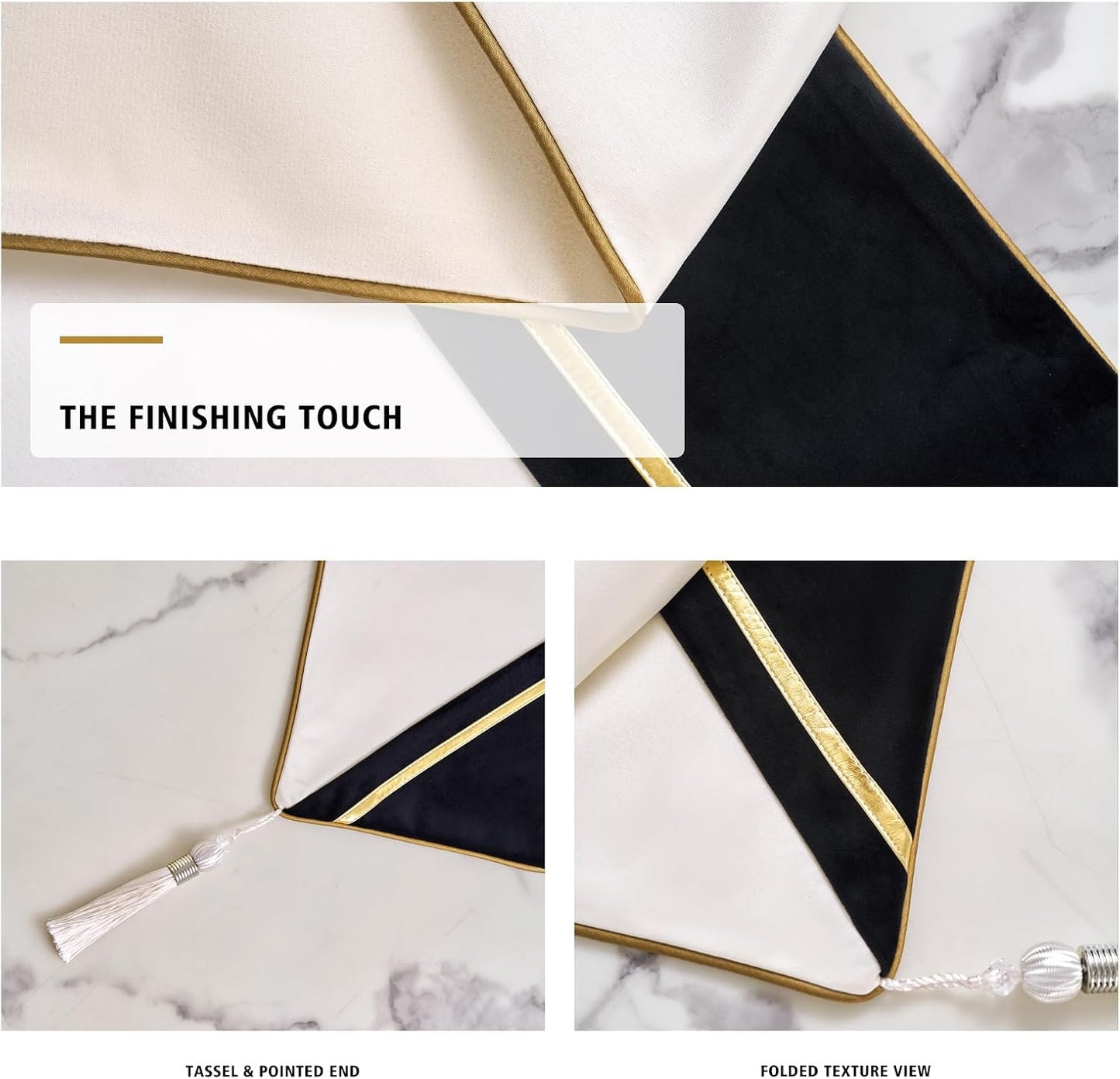Avigers Table Runner 12 x 90 Inch, Black Gold, Geometric, Tassels | Faux Silk double-layer accent for dining rooms