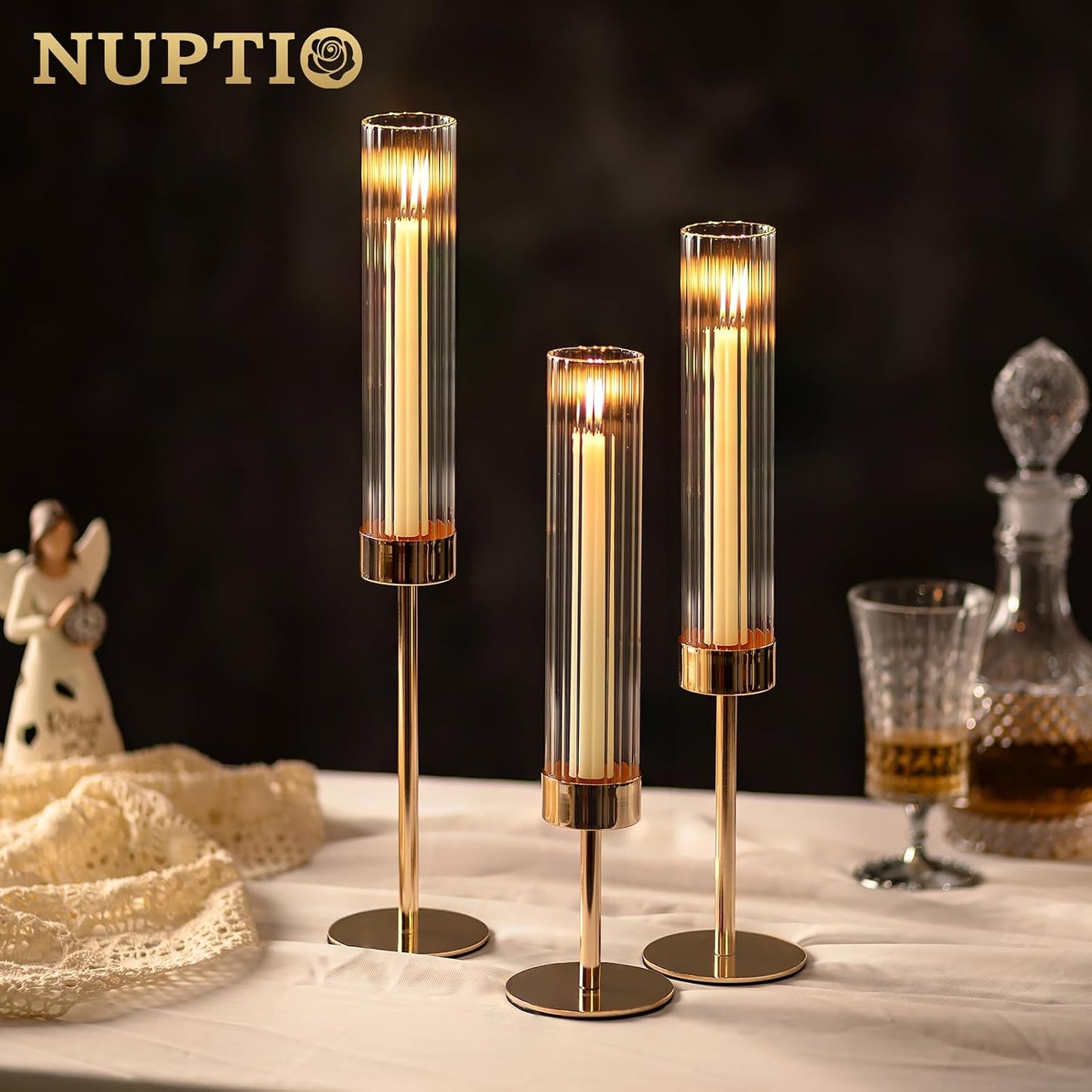 NUPTIO Tall Candlestick Holders for Centerpiece, Hurricane Candle Holder | Set of 3 Candle Stick Holders with Ribbed
