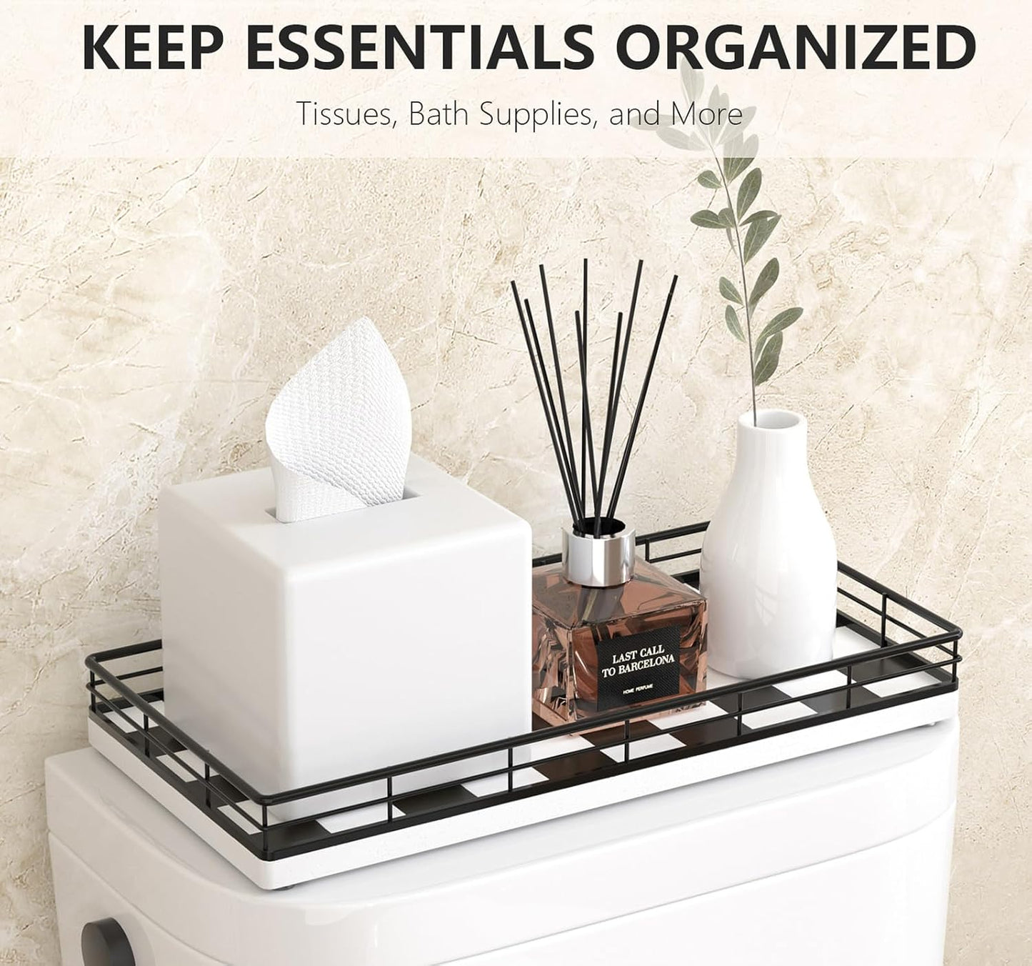Metal Frame / Oak Wood Toilet Tank Tray / Black & White / 13 x 6.5 x 2