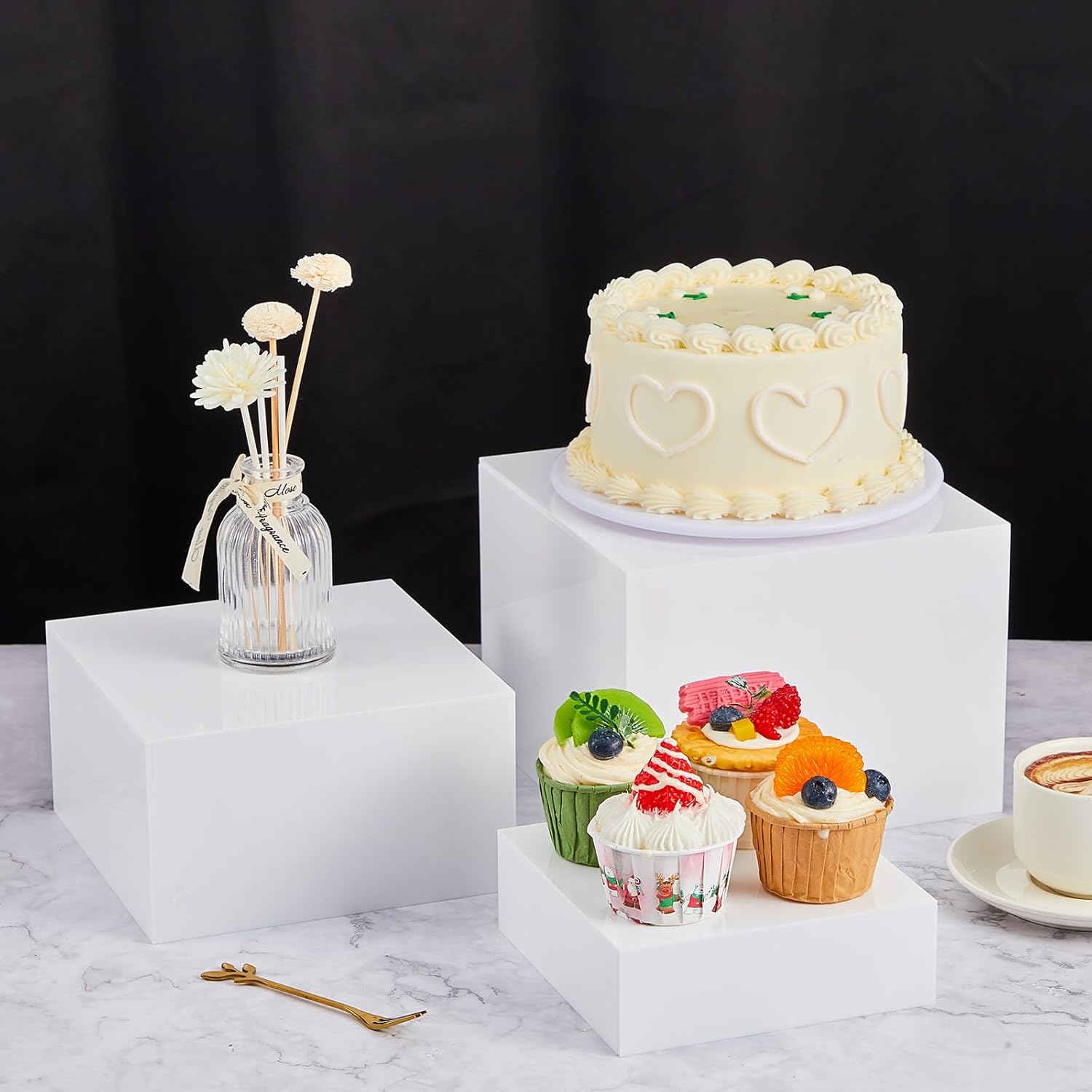 Large Buffet Risers Set " Acrylic Display Box Catering / White / 6" To 12 / Square / Set of 7