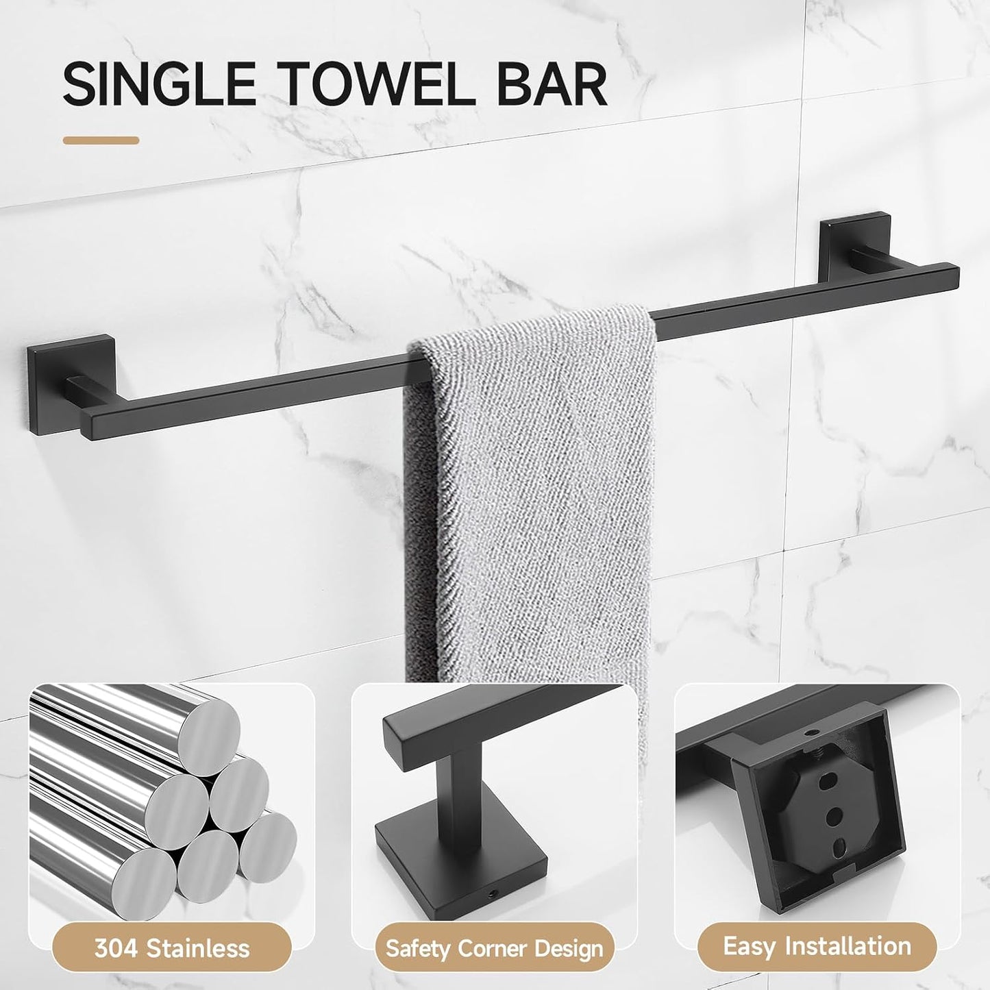 TQKAG Matte Black Bathroom Hardware Accessories Set 10 Pieces, 23.6" SUS304 Stainless Steel Towel Bar Set Wall Mounted