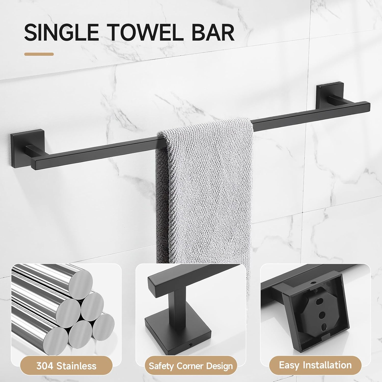 TQKAG Matte Black Bathroom Hardware Accessories Set 10 Pieces, 23.6" SUS304 Stainless Steel Towel Bar Set Wall Mounted