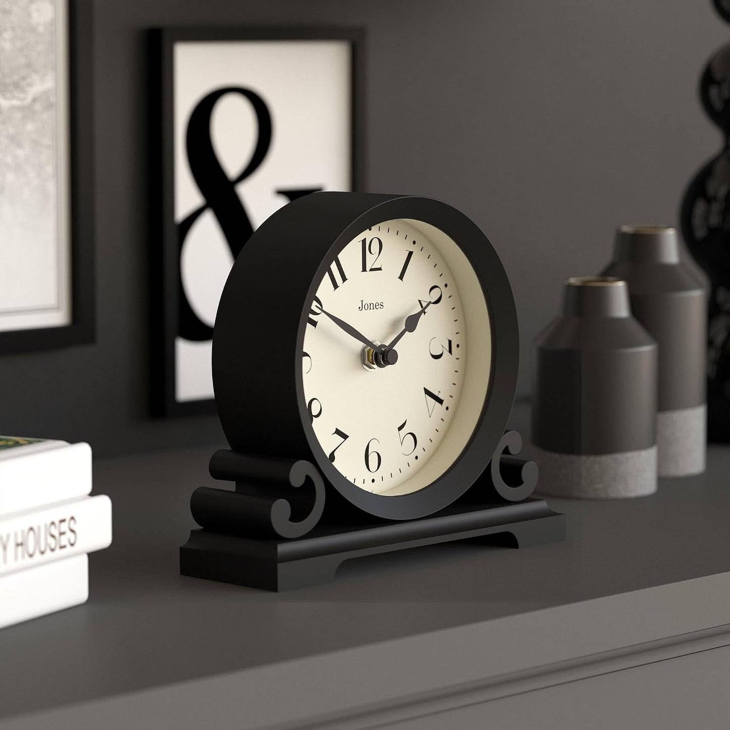 JONES CLOCKS® Saloon Mantel Clock | Small Traditional Double Scroll Design | Black | Contemporary Classic Style for