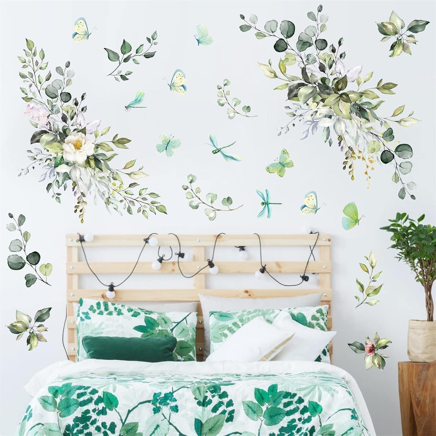 Leaves Wall Decal Botanical Vinyl Decals Peel and Stick Rustic Hanging Vines Art Mural / Green
