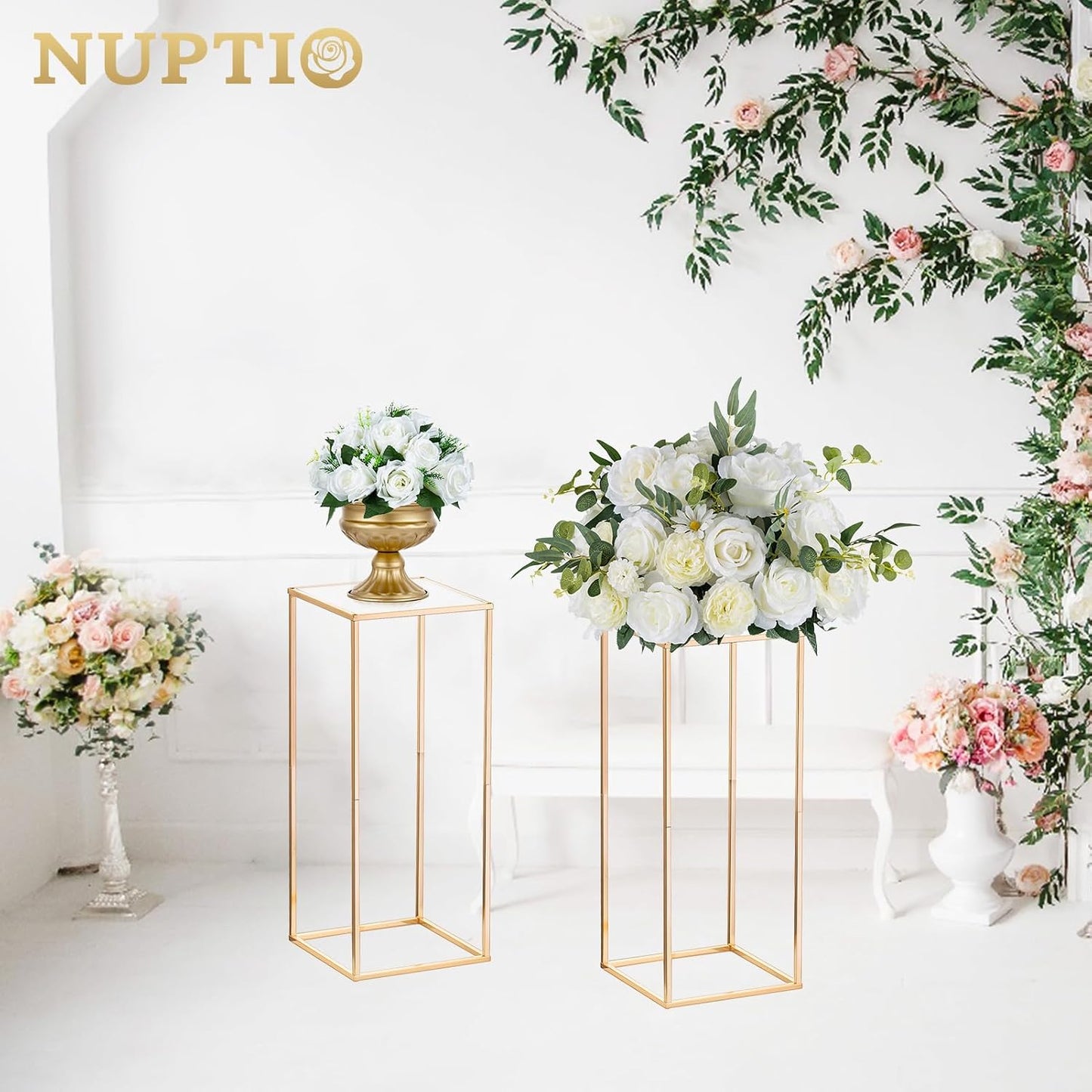 NUPTIO Gold Stands for Centerpieces, Geometric Column, 23.6" Tall, 2 Pcs