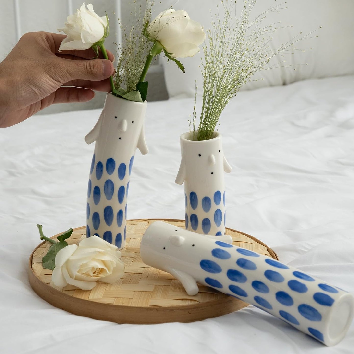 Unique Ceramic Bud Vases for Small Flower / Family Vase Blue / Set of 3