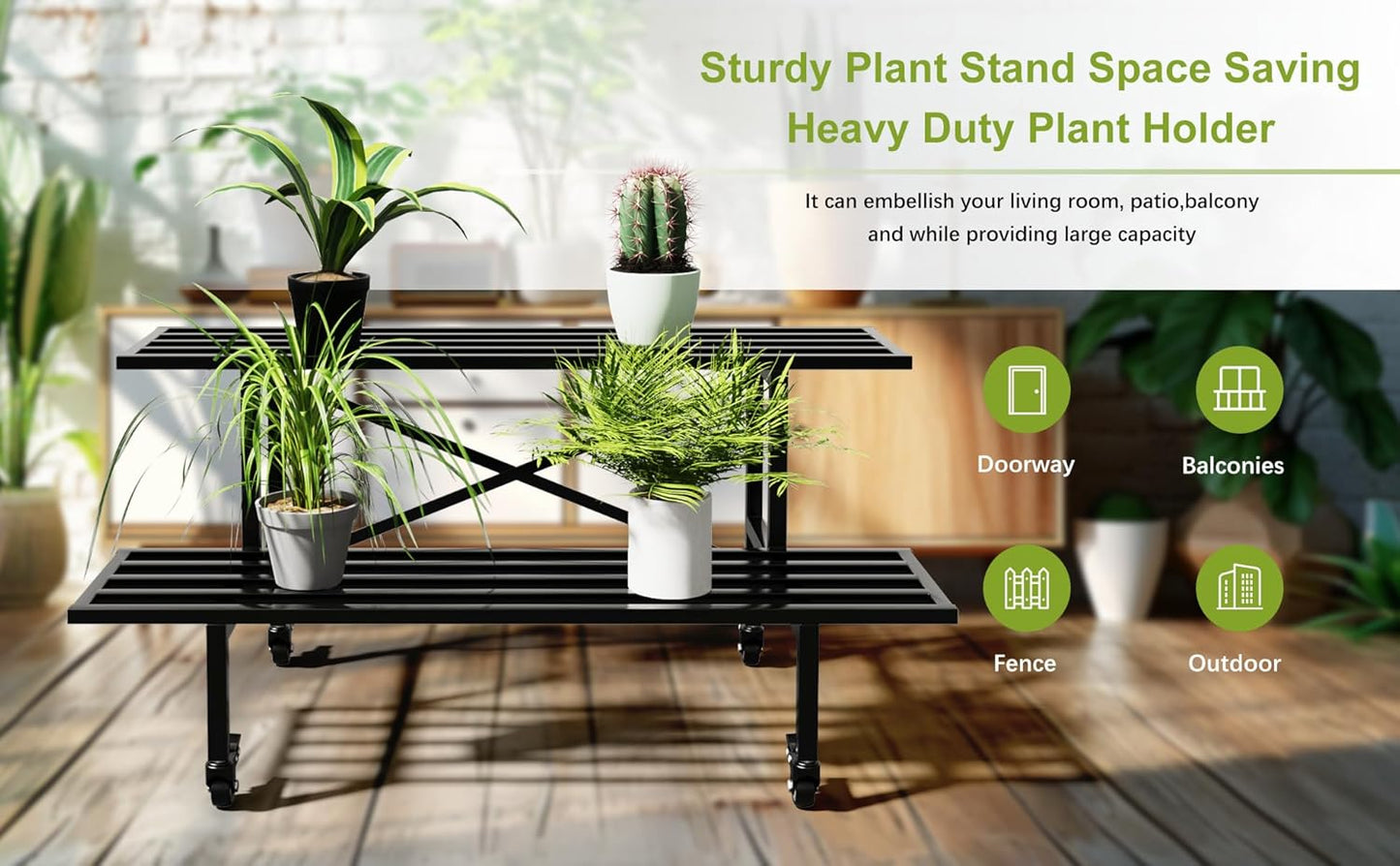 Zhongma 2 Tier Sturdy Metal Plant Stand with Wheels, L35.43 x W17.5 x H16.14 inch, Heavy Duty Plant Holder for Home