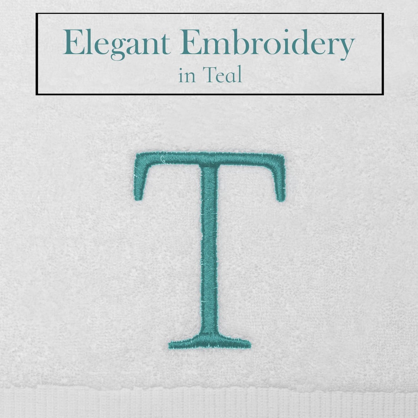 White with Teal Monogrammed Hand Towels for Bathroom - Set of 2 Letter T | Luxury Hotel Quality Initial Towels For