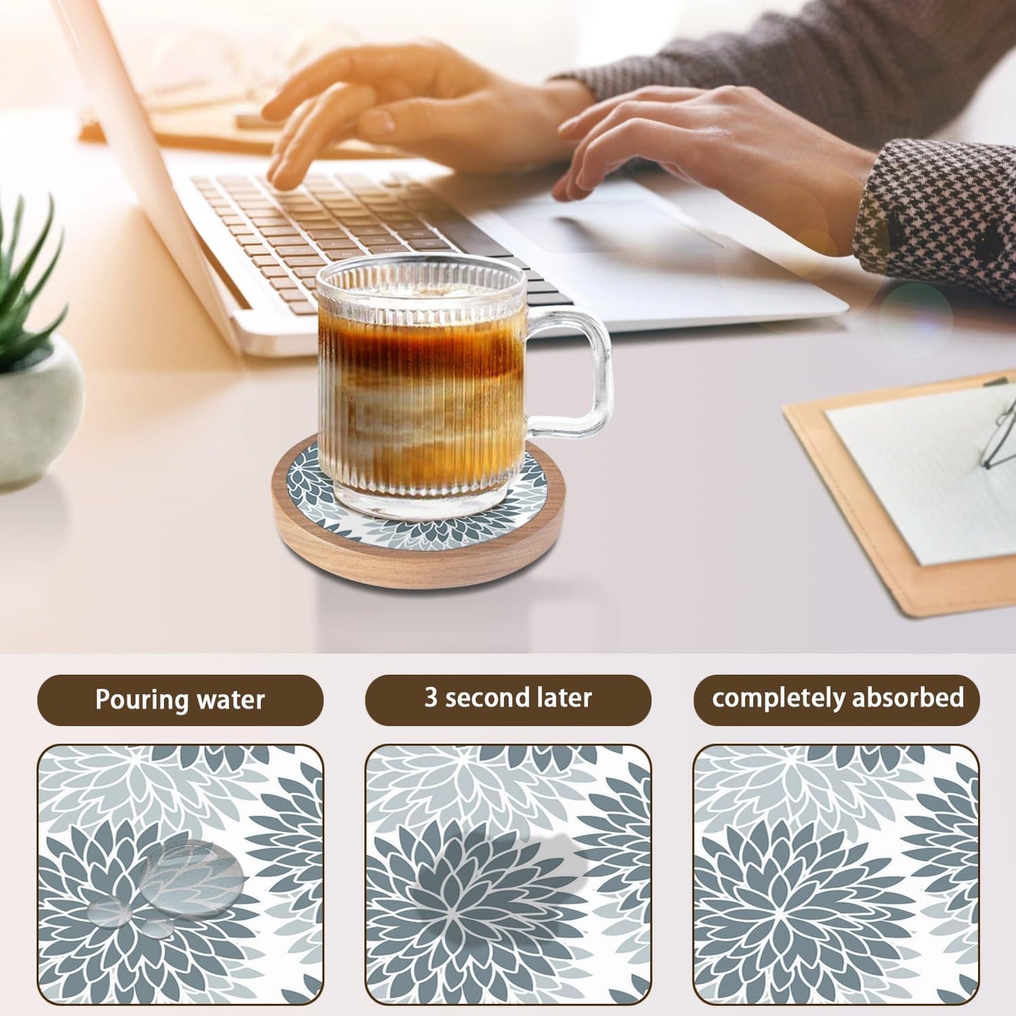 Holder / Cup Mat for Drinks / 4 Grey Dahlia / Set of 4