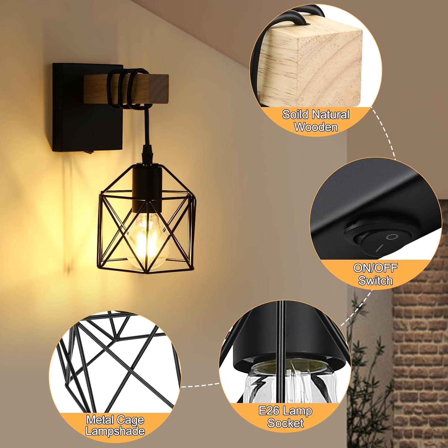 Lightess Black Cage Industrial Wall Sconce with ON/Off Switch Set of 2 | Metal Cage Shade Creates Vintage Glow