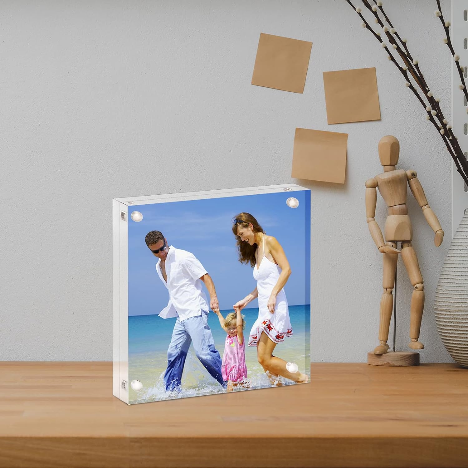 AMEITECH 4x4 Acrylic Picture Frame, Clear Double Sided Block Acrylic Photo Frames, Desktop Frameless Magnetic Photo