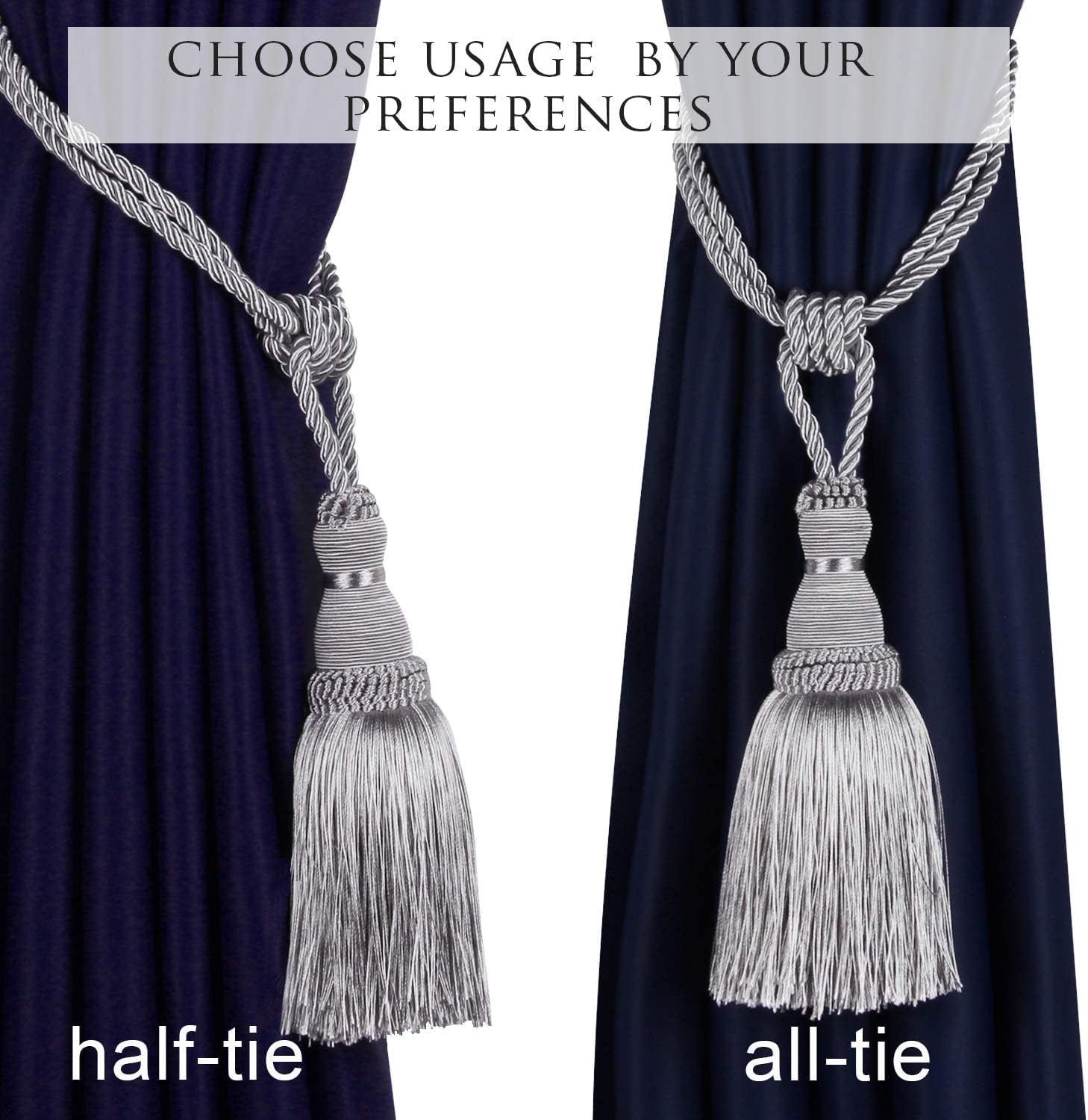 BEL AVENIR 4 Pack Curtain Tiebacks Tassel Drapery Tie-Backs Rope Holdbacks | Handmade, Home Office Hotel Decorative