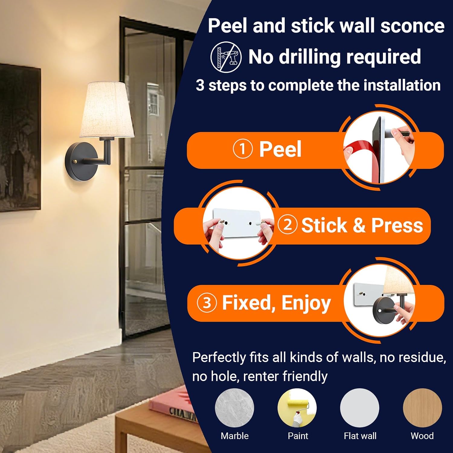 YHCDLAMP Peel and Stick Wall Sconces, No Drilling Stick On Wall Sconce, Wireless Battery Operated Wall Lights, Adhesive