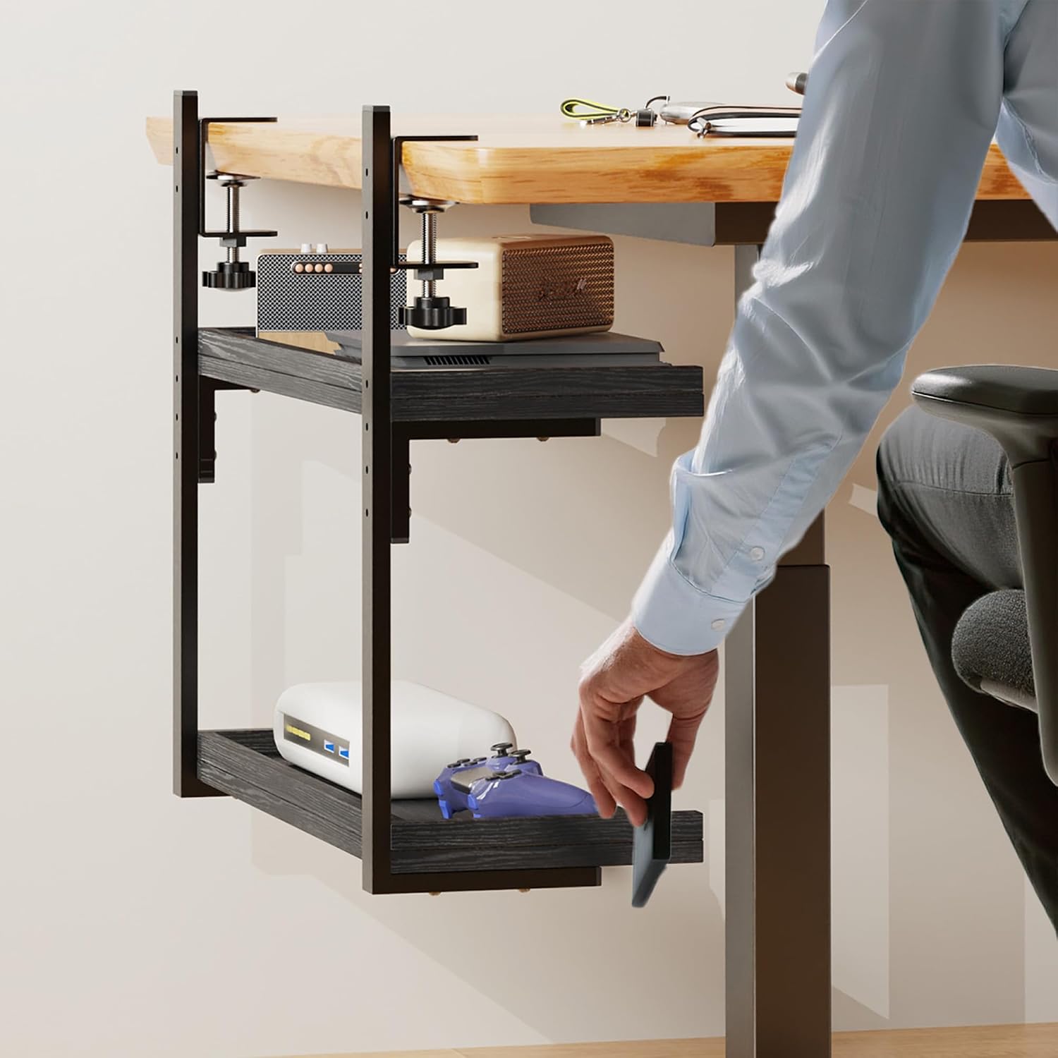 Clamp On Desk Shelf 2-Tier, 16.5 in Wood Shelving Unit for Office Desk/Gaming Accessories, Tabletop Book Storage Rack