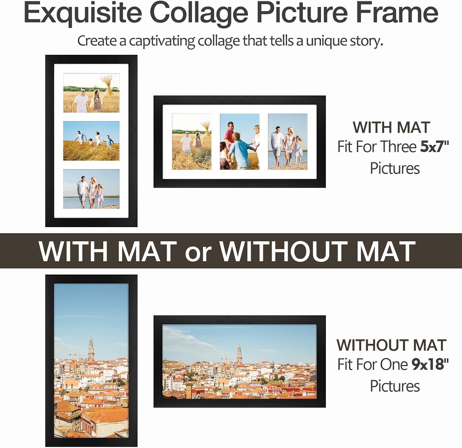 Golden State Art 9x18 Black Wood Frame - for Three 5x7 Pictures, 10 Pack | Matted to 3 5x7 Picture,Solid Wood Collage