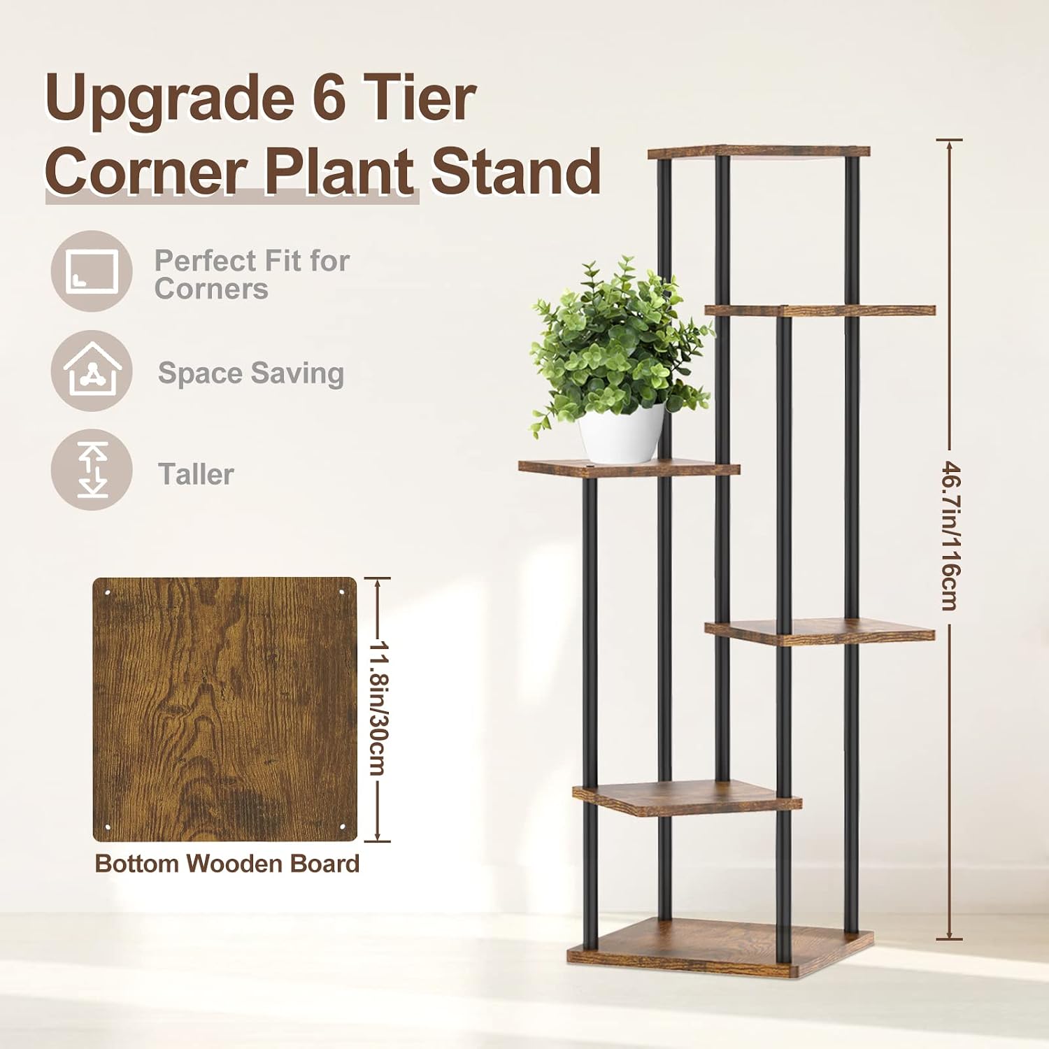 Oppro Plant Stand Indoor Outdoor, 6 Tier Corner Tall Metal Wood Shelf | Muti-Level Planter Holder, Sturdy Large