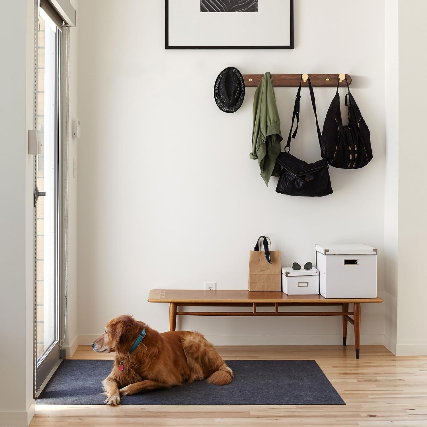 Wall Mounted Coat Rack, Metal Wood with 4 Hooks | Entryway Hanging, Walnut Gold Matt, For Coat, Scarf, Bag, Towel, Key