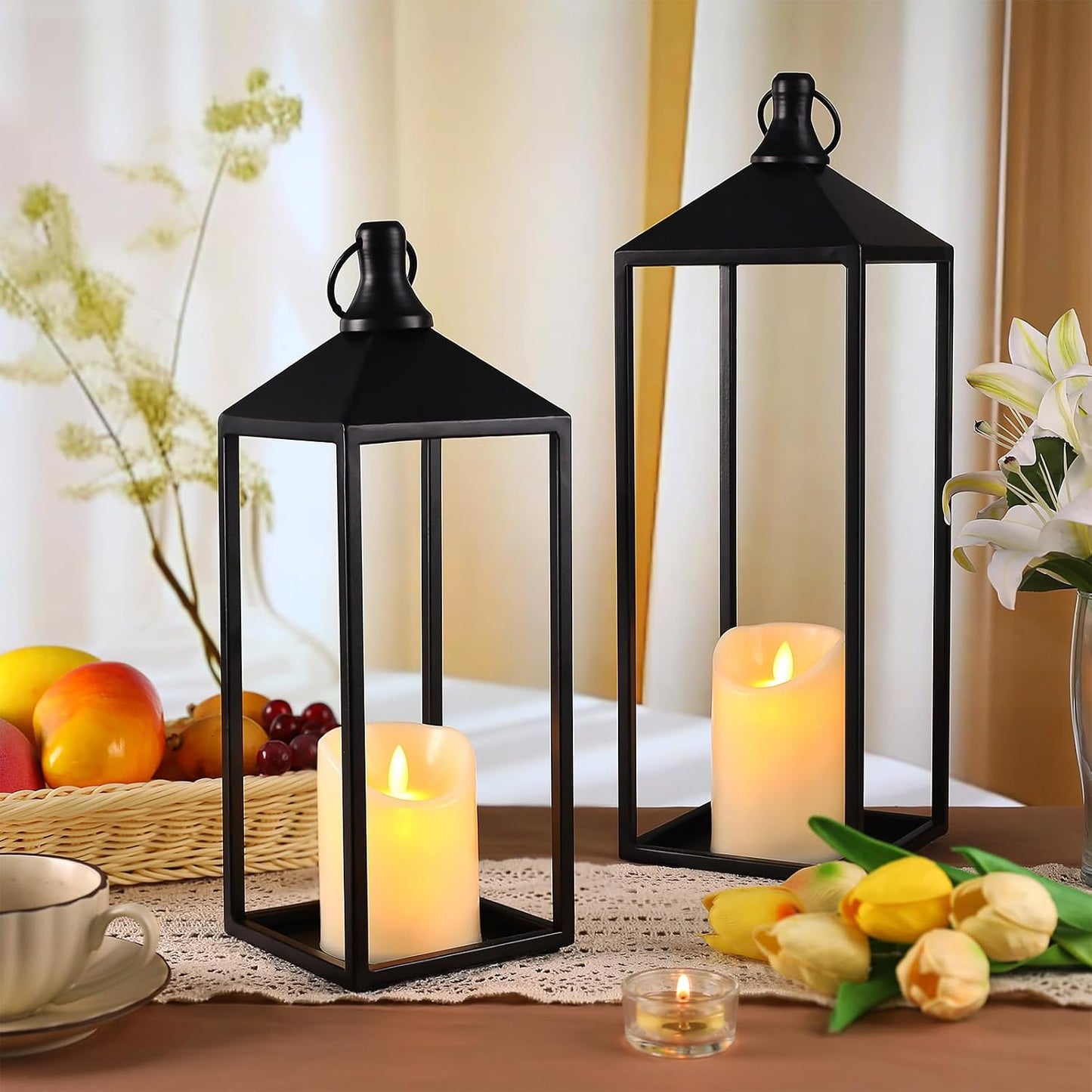 Lanterns Decorative Outdoor Indoor, 17" 13" Set of 2 Black Candle Lanterns | No Glass Metal Outdoor Lantern for Porch