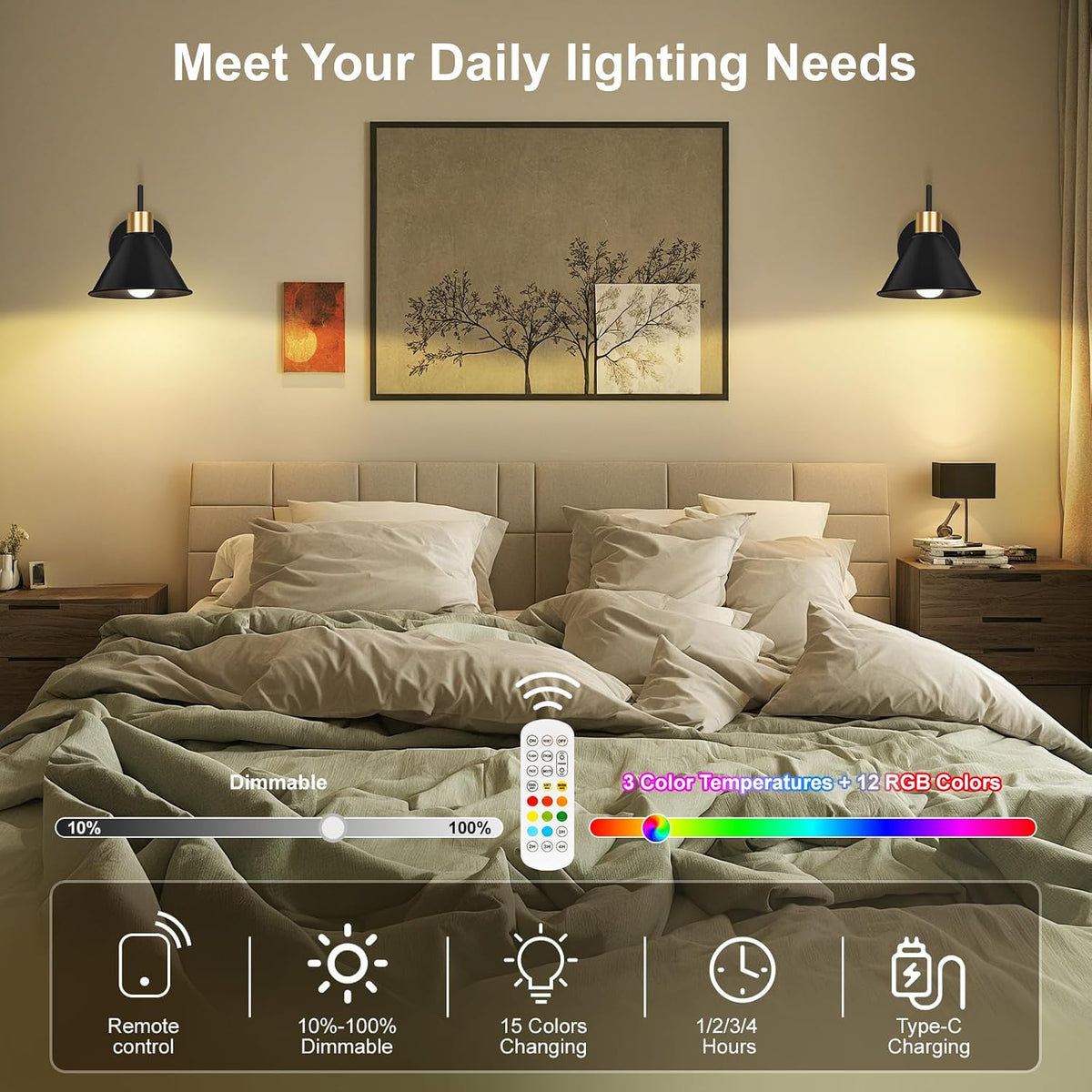 Frideko Rechargeable Battery Operated Wall Sconces Set of Two with Remote, RGB 15 Colors Dimmable Black Wall Light