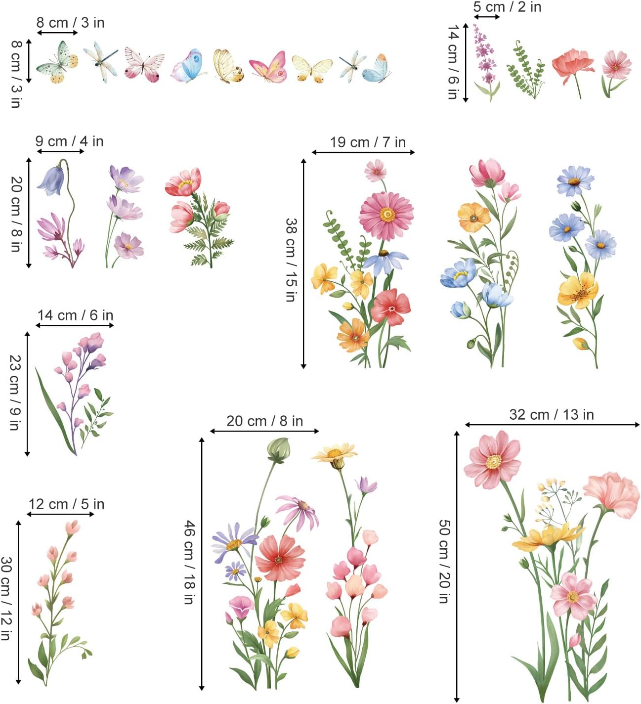 Wildflower Wall Stickers Garden Flower Daisy Butterflies Floral Botanical Wall Art Decals / Pink