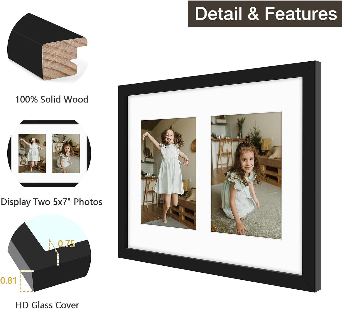 Golden State Art 11x14 Black Wood Frame - for Two 5x7 Pictures, 2 Pack | Matted to Double 5x7 Picture,Solid Wood