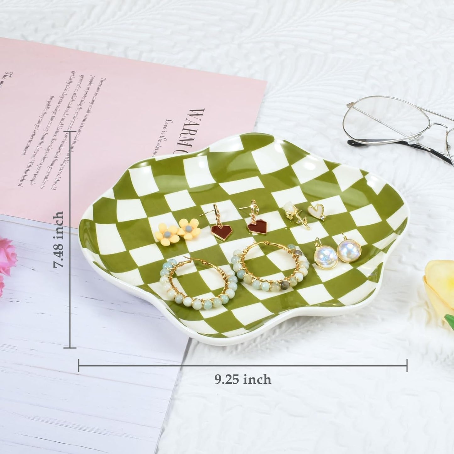 Ceramic Jewelry Dish Trinket Tray Organizer / Green Plaid