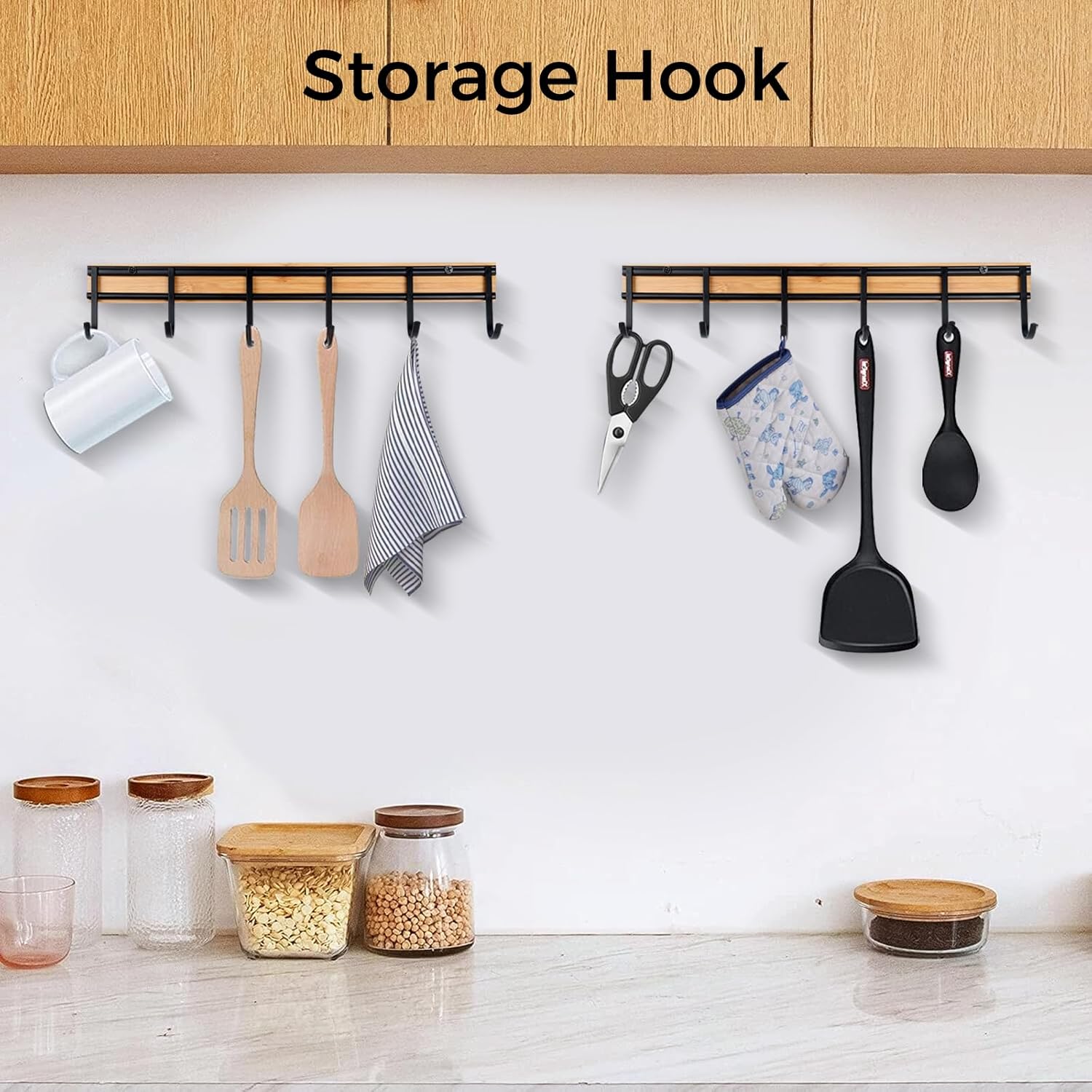 6 Hooks / Kitchen Wall Hooks / Bamboo + Screws / Set of 2